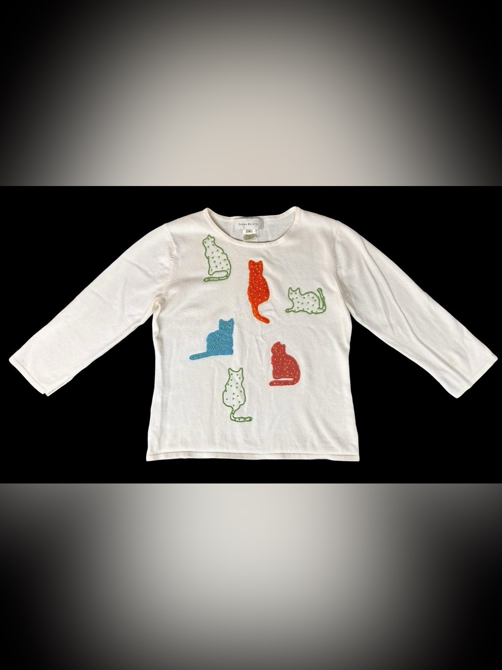 Vintage Susan Bristol Ivory Hand Embroidered Beaded Cat Sweater SMALL